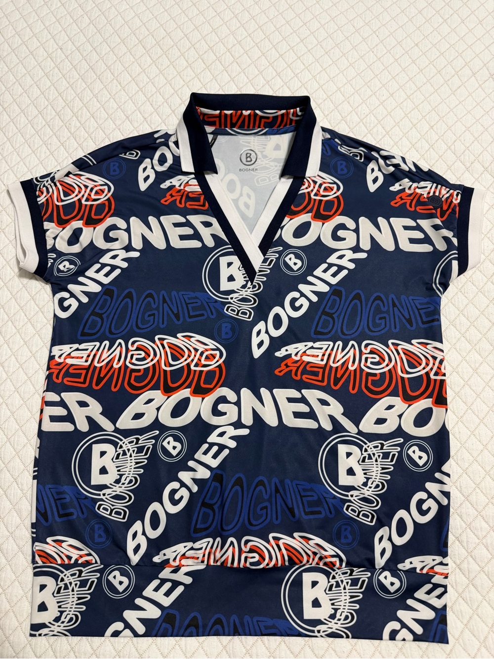 Bogner Golf Women's Logo Print V-Neck Polo Top Navy Orange Size US 8 Medium